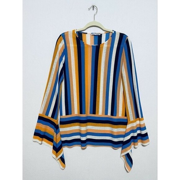 Zara Womens Small Orange Blue Striped Bell Sleeve Top Stretch Boho Festival - Picture 1 of 7